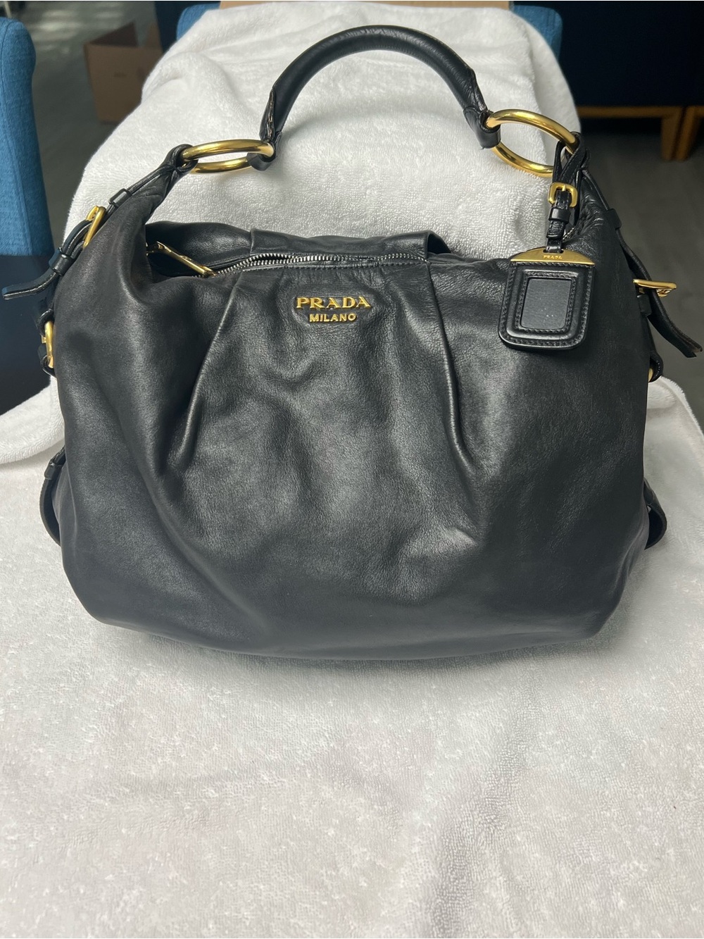 Authentic Prada Cervo Antik Hobo Bag Black Deerskin Leather Gold Hardware COA